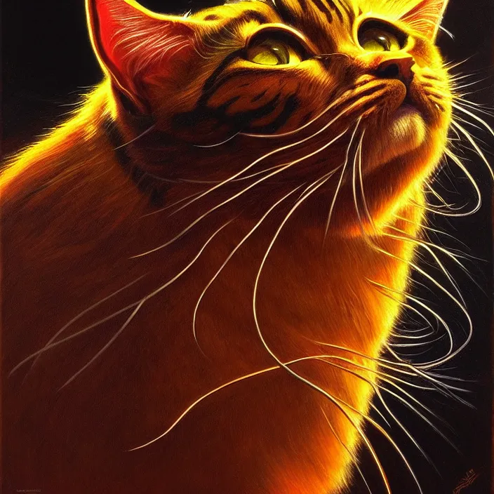 Image similar to cinematic bust portrait of psychedelic cat from left,, donato giancola, larry elmore, oil on canvas, masterpiece, trending on artstation, featured on pixiv, cinematic composition, dramatic pose, beautiful lighting, sharp, details, hyper - detailed, hd, hdr, 4 k, 8 k