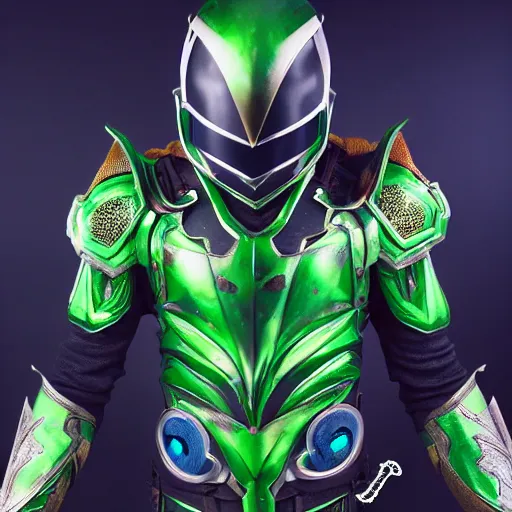 Prompt: High Fantasy Kamen Rider, glowing eyes, 4k, forest plains of north yorkshire, daytime, chainmail rubber undersuit, segmented armor, dark blue armor with green secondary color, tokusatsu