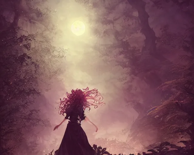 Image similar to goth woman in a moonlight view, in a forest, a river, tankoban, 4 k, tone mapping, akihiko yoshida, james jean andrei riabovitchev marc simonetti, yoshitaka amano, long hair, curly, h. hydrochaeri