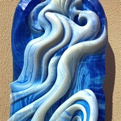 Prompt: carving of a jig ant sequoia with a giant blue and white foamy wave crashing behind it. Carved in translucent marble. Trending in artstation. Colorful. Low angle.