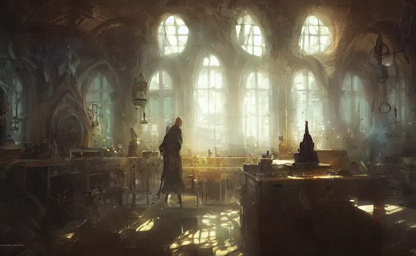 Prompt: Alchemy laboratory, elegant, volumetric lighting, digital painting, highly detailed, artstation, sharp focus, illustration, concept art, ruan jia, steve mccurry