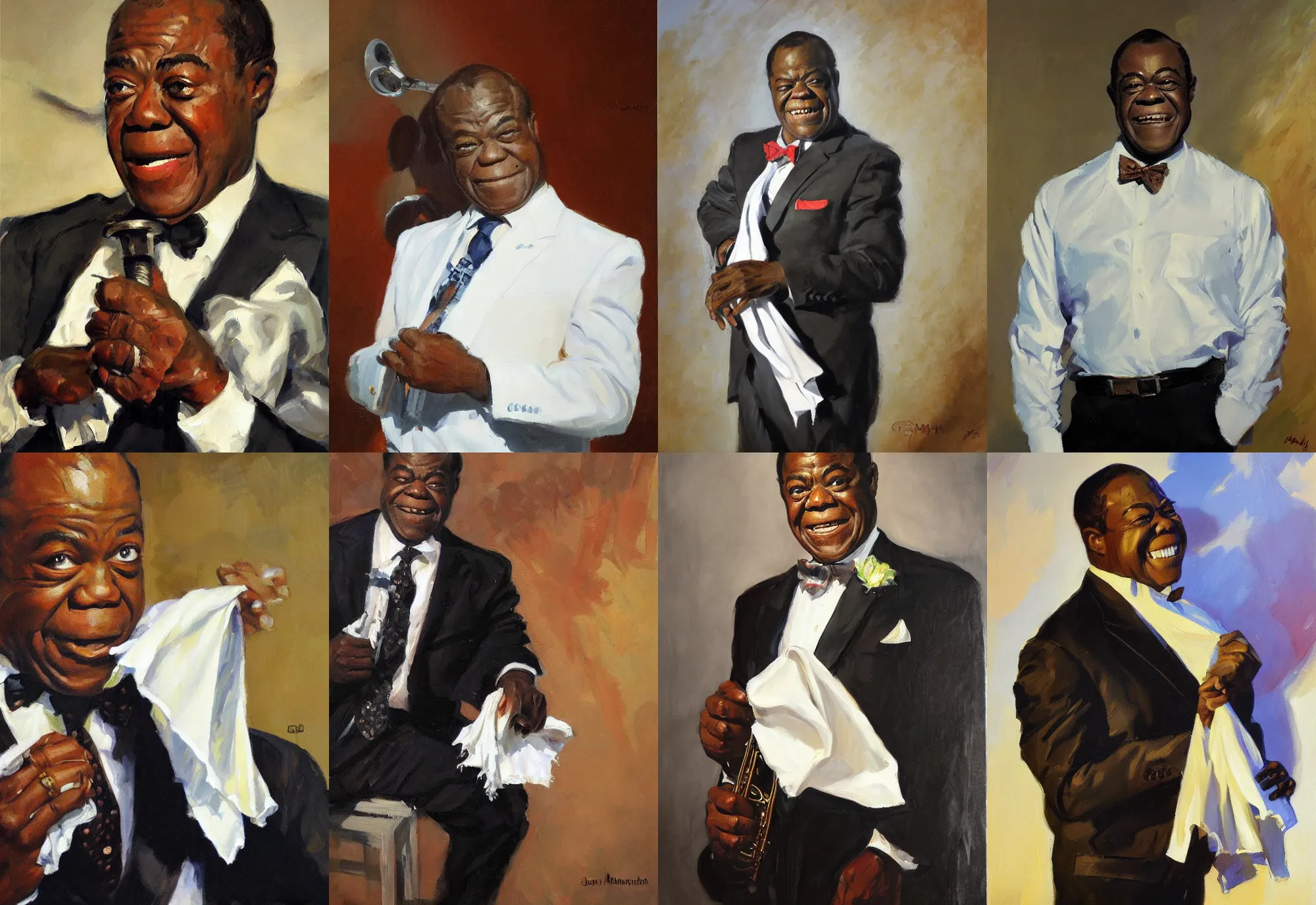 Prompt: a portrait of louis armstrong holding a white handkerchief, by greg manchess, dramatic lighting, highly detailed oil painting