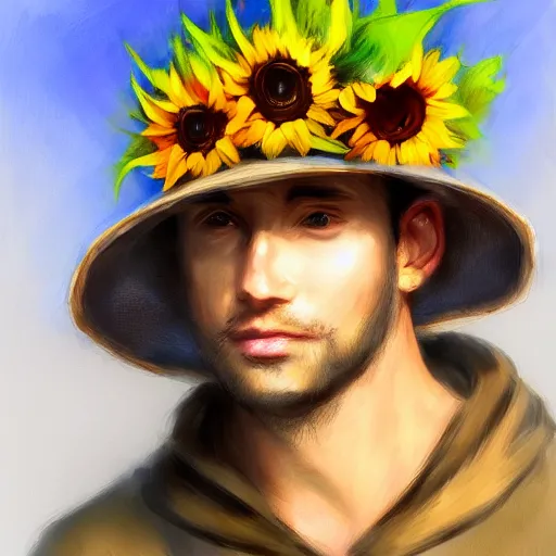 Prompt: a man wears a sunflower hat, bloom, artstation