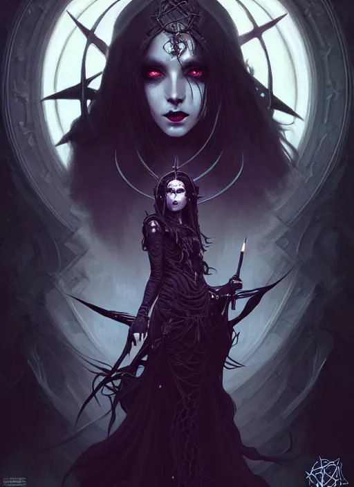 Image similar to Necromancer Sorceress goddess of death, background fantasy pentagram sorceress magic, undercut hairstyle, dark light night, intricate, elegant, sharp focus, illustration, highly detailed, digital painting, concept art, matte, art by WLOP and Artgerm and Greg Rutkowski and Alphonse Mucha, masterpiece