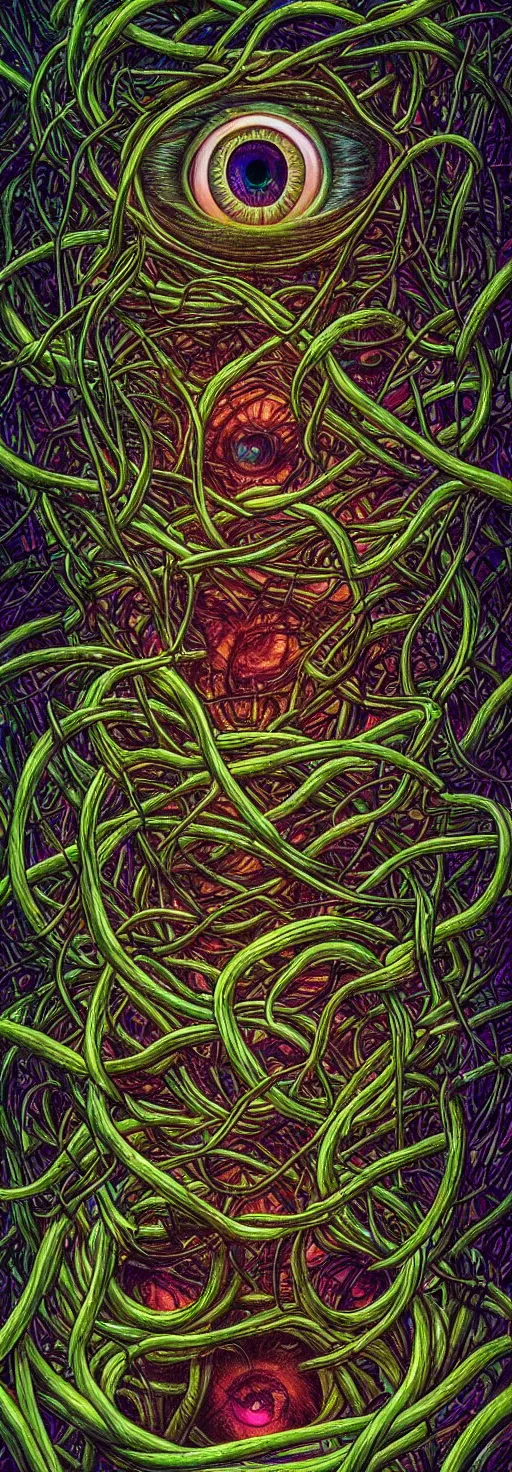 Image similar to many large beautiful eyeballs inside of extremely thick iridescent vines intertwined, central composition, high saturation, epic lighting, in the style of Peter gric and Amanda Sage 8k