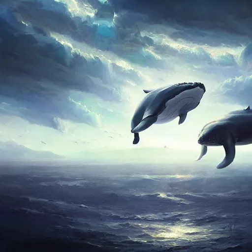 Prompt: whales in the sky above the city, digital art, trending on artstation, by greg rutkowski