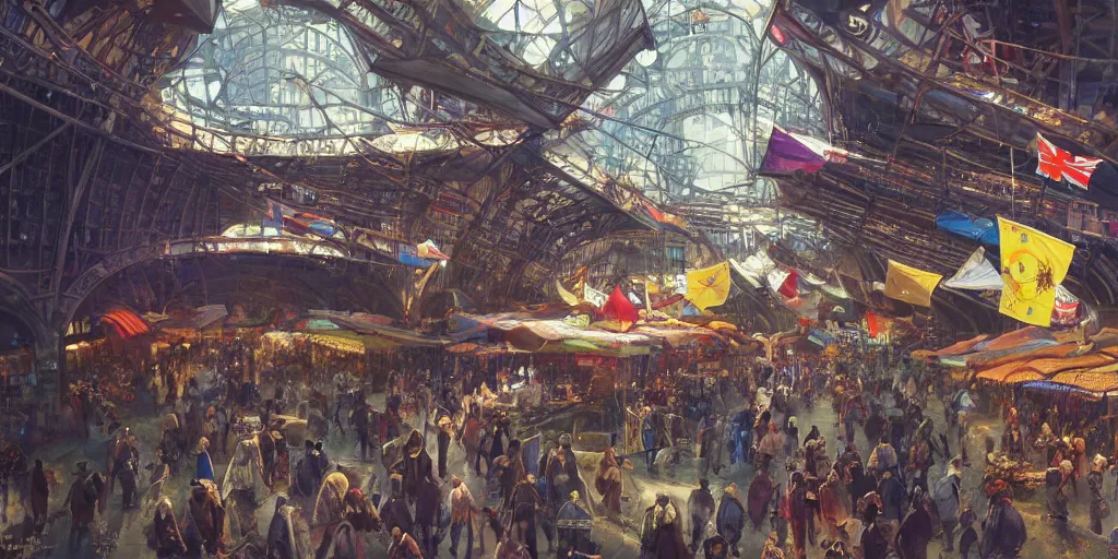 Prompt: a vibrant lively joyous marketplace on the edge of space, in a massive cavernous iron city, dappled light, tudor architecture, flags, colossal arcing metal structures high in the cavernous metal interior, sci - fi, beautiful, awe inspiring, by james gurney, greg rutkowski, sparth, thomas kinkaide, escher, cinematography, cinematic masterpiece