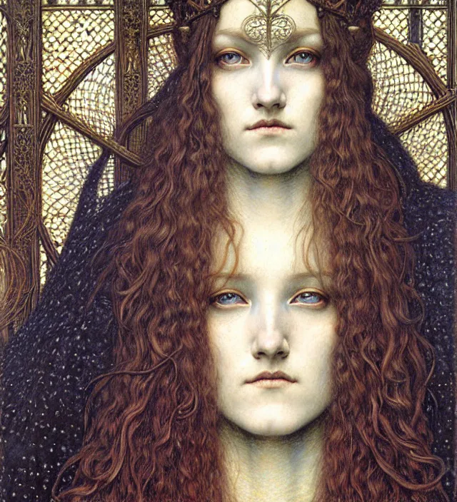 Image similar to detailed realistic beautiful young medieval queen face portrait by jean delville, gustave dore and marco mazzoni, art nouveau, symbolist, visionary, gothic, pre - raphaelite. horizontal symmetry