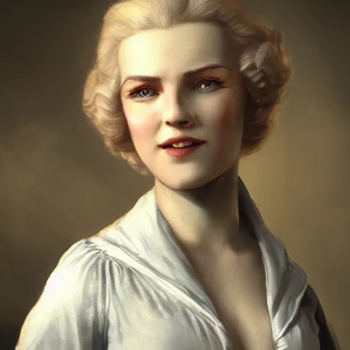 Image similar to laughing, teasing, beautiful, intelligent, blonde female pirate captain 2 8 years old, 1 9 3 0 s haircut, fully clothed, wise, beautiful, 1 7 5 0 s oil painting, dramatic lighting, trending on artstation, sharp focus