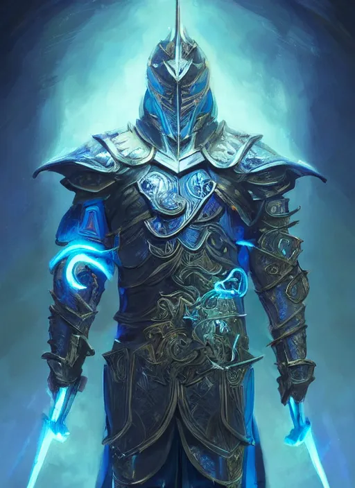 Image similar to kaladin stormblessed in shardplate. a knight in amazing fantasy armor that glows, bursting with blue light, sleek, lightweight but imposing, light glowing from the decorations and inscriptions. intricate and ornate. concept art from artstation. beautiful highly detailed fantasy painting by greg rutkowski