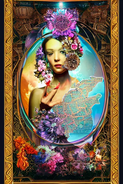 Image similar to opalescent retrofuturistic digital airbrush illustration of an explorer wearing an ornate gpu headpiece and holding a flower with a map of the collective subconscious in the background by luigi patrignani