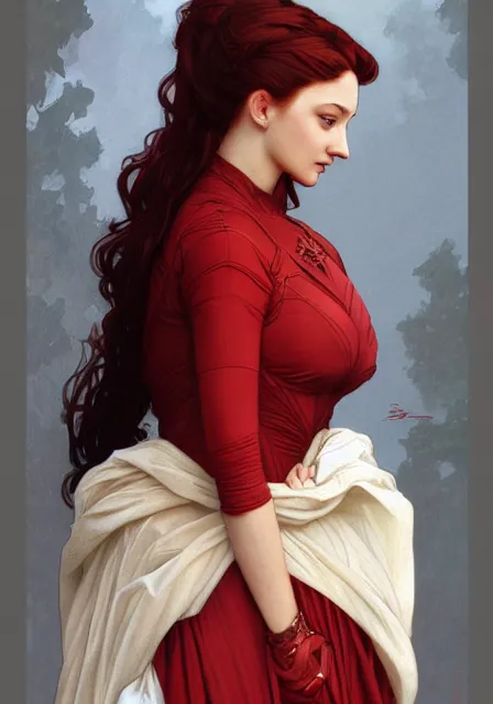 Image similar to portrait of sansa stark in red crimson, intricate, elegant, highly detailed, digital painting, artstation, concept art, smooth, sharp focus, illustration, art by artgerm and greg rutkowski and alphonse mucha and william - adolphe bouguereau