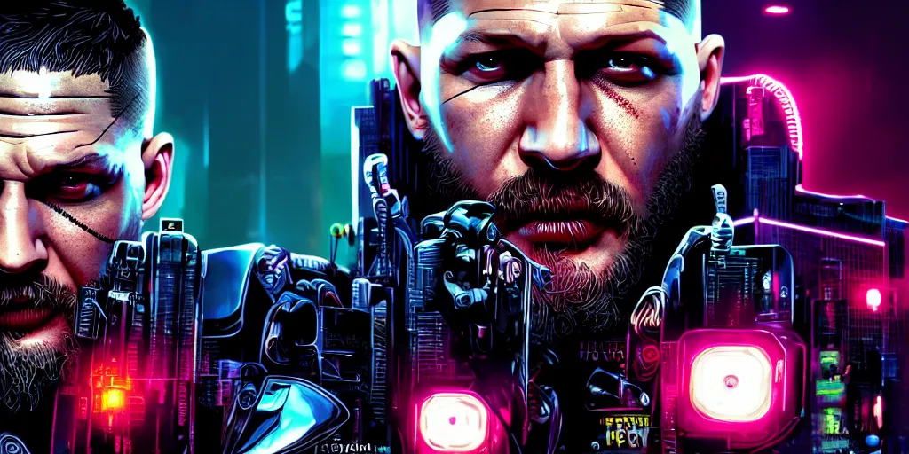 Image similar to Tom Hardy as in cyborg Cyberpunk 2077 , highly detailed digital art , trending on artstation, high quality, highly detailed