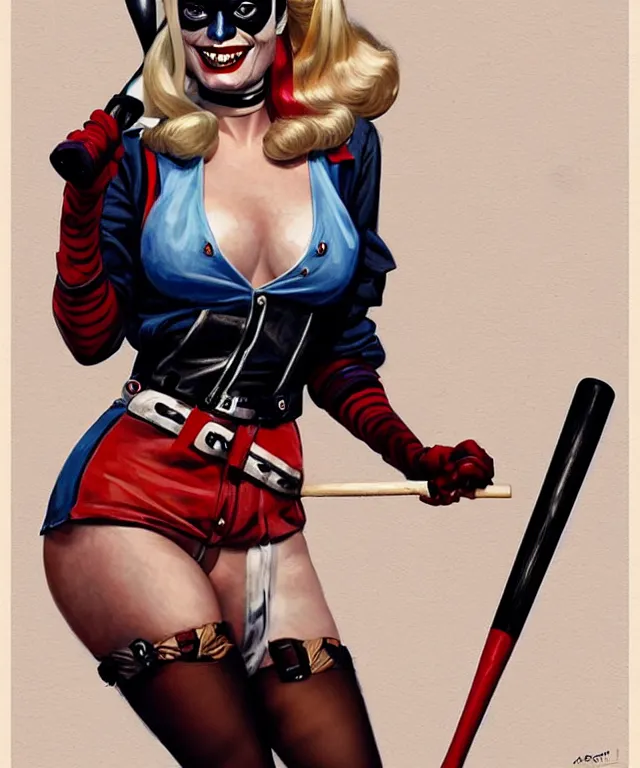 Prompt: 1940's pin-up Margot Robbie as Harley Quinn, fully dressed, with baseball bat, highly detailed, digital painting, artstation, concept art, smooth, sharp focus, illustration, art by artgerm and greg rutkowski and alphonse mucha