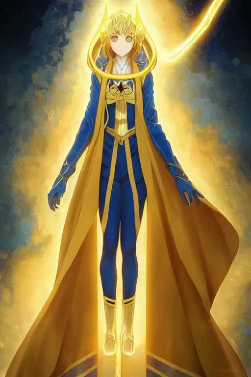 Image similar to anime key visual of a beautiful young female doctor fate!! intricate, gold and blue suit, cape, glowing, powers, dc comics, cinematic, stunning, highly detailed, digital painting, artstation, smooth, hard focus, illustration, art by artgerm and greg rutkowski and alphonse mucha