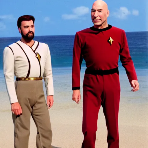 Prompt: jean-luc picard and William Riker on a haven holiday