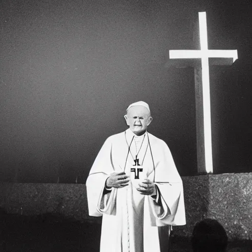 Image similar to award - winning photograph of john paul ii standing in the entrance to a small burning church building, at night, pitch black, christian cross