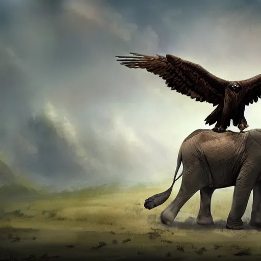 Image similar to an eagle carrying a wounded elephant, concept art, painterly, artstation