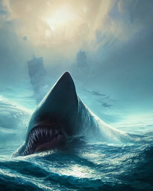 Prompt: A monstrous giant megalodon in the middle of the sea, fantasy art, in the style of greg rutkowski, illustration, epic, fantasy, intricate, hyper detailed, artstation, concept art, smooth, sharp focus, ray tracing