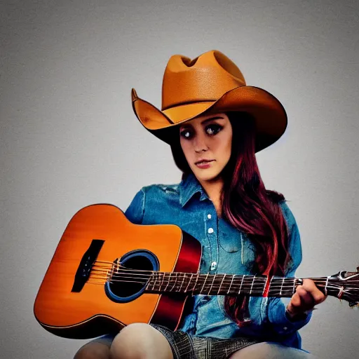 Image similar to a female fox animal, wearing cowboy hat, wearing plaid shirt, playing guitar, inside a barn, album cover style