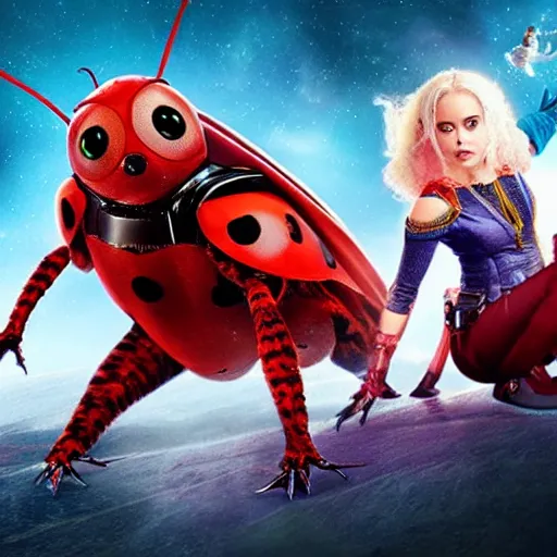 Image similar to promotional movie still, ladybug futuristic ( ( descendants ) ), ladybug quadruped with big rgb eyes, huge ladybug mothership, space western, dramatic lighting, the fellowship of the ring ( film ) genre.