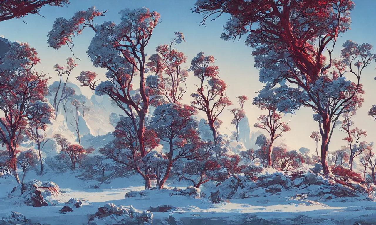 Prompt: frozen wasteland on an alien planet with distant green and red trees by Syd Mead, Federico Pelat