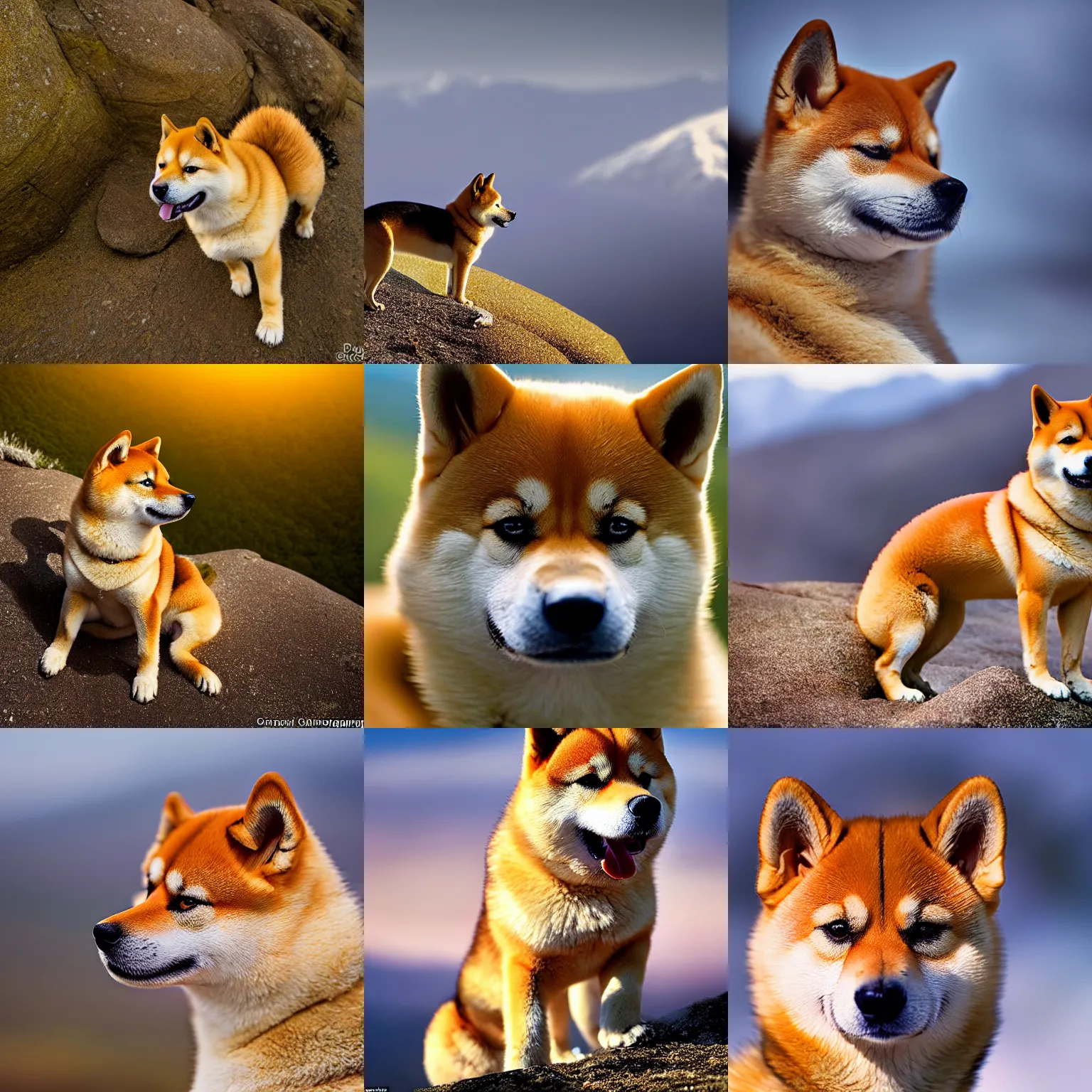 Prompt: award winning wildlife closeup photography of a shiba inu on a mountain, wildlife photography by Paul Nicklen, perfect lighting, national geographic, BBC documentary, professional, high quality camera, lots of detail, crisp lighting