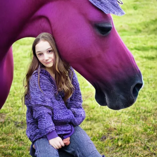 Prompt: a girl leaning on a purple horse