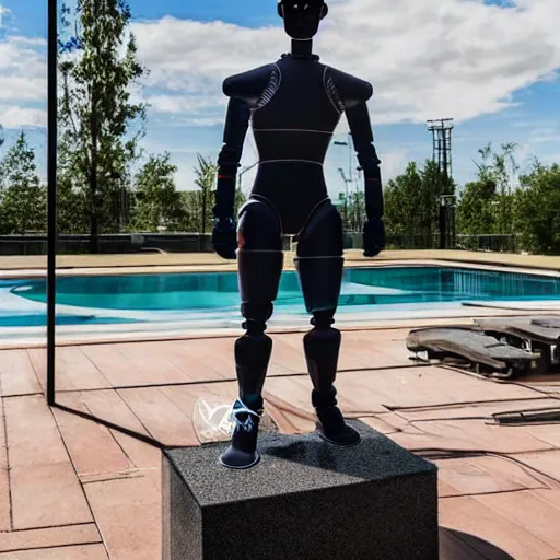 Image similar to a realistic detailed photo of a guy who is an attractive humanoid who is half robot and half humanoid, who is a male android, soccer player timo werner, shiny skin, posing like a statue, blank stare, by the pool, on display, showing off his muscles, humanoid robot, frozen ice statue, made of ice