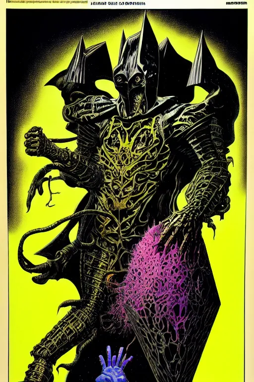 Image similar to portrait of black and yellow technicolor color print, richard corben, wayne barlowe, moebius, heavy metal comic cover art, psychedelic triangular lich in heavy shoulders armor, very intricate, thick outline, full body, symmetrical face, long black crown, in a shapes background, galactic dark colors