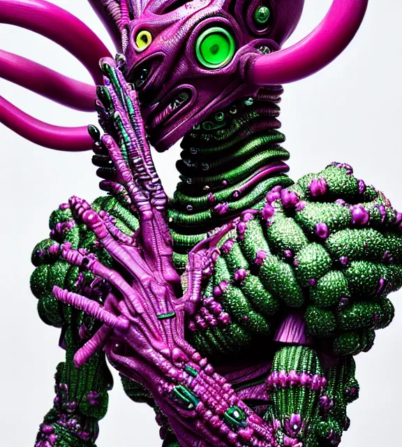 Prompt: colour vivbrant style photography of highly detailed alien figure with balenciaga perfect face and wearing detailed biotech plants designed by alessandro michele also wearing highly detailed metal pink flowers in the style of guyver.