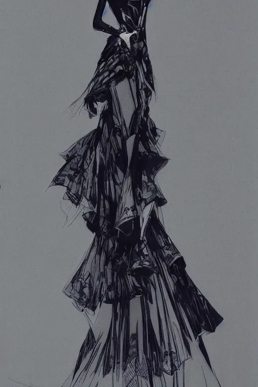 Image similar to dior haute couture dress, concept art, dark colors, high end fashion, style by yoji shinkawa, full body shot