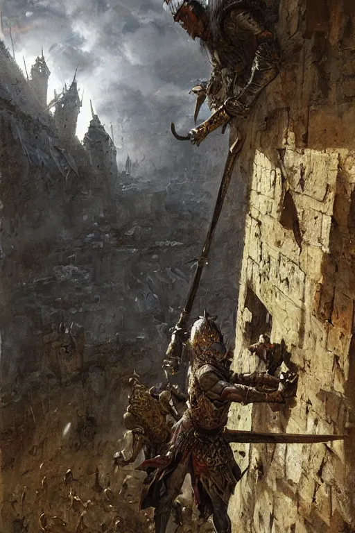 Prompt: A ighly detailed fantasy painting of a male warrior on a castle wall and an approaching army by Marc Simonetti and Craig Mullins