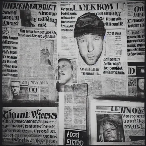 Prompt: “ alex jones trapped inside a room with newspapers taped over the walls, dim lighting, oil portrait ”