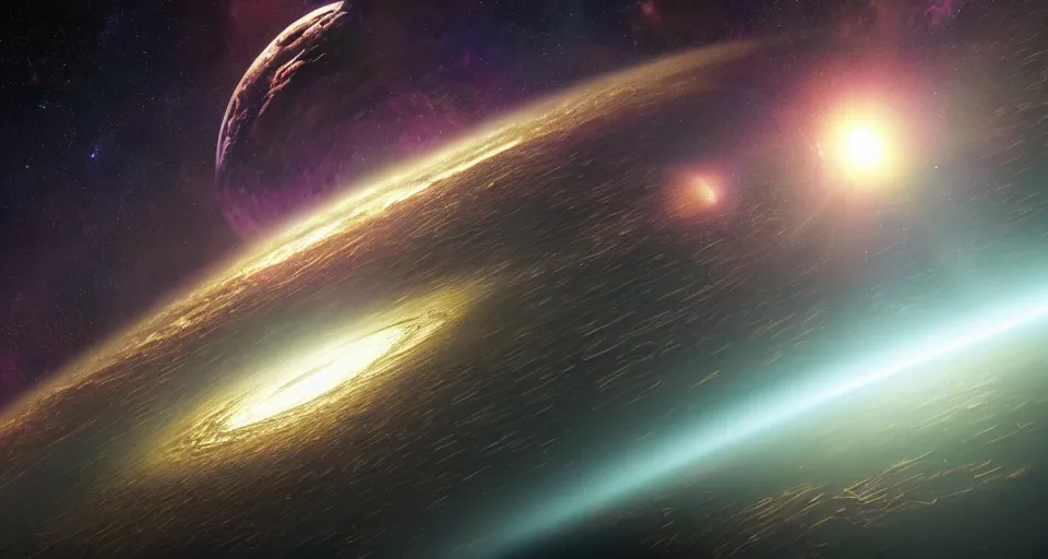 Prompt: 2 0 2 2 sfx masterpiece. weta studios. cgsociety. trending on artstation. golden mean. view of the planet down below. space station pov. screenshot from the new sci - fi metroid film directed by denis villeneuve. 4 k. cinema. close orbital of a new alien world nested within an asteroid belt nebula. purple and green clouds lightning aurora