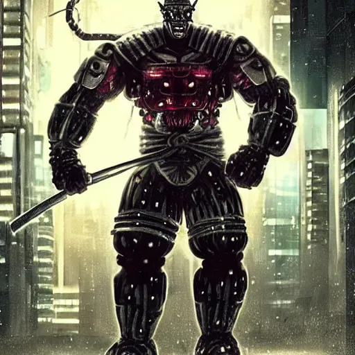 Image similar to very buff very huge very muscolar excessively big buff samurai wearing a scary Oni mask. Cybernetic cyber cybernetic cyber cyberpunk. Sci-fi movie still