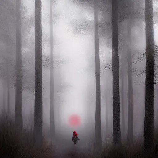 Image similar to highly detailed digital matte painting of little red riding hood walking through a dark foggy forest path, grimdark atmosphere, and volumetric light. trending on artstation, luis royo