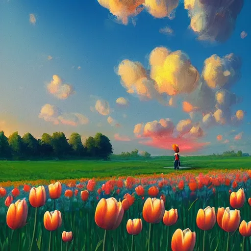 Image similar to giant tulip head dutch girl, surreal photography, flower field, sunset dramatic light, impressionist painting, colorful clouds, blue sky, digital painting, artstation, simon stalenhag
