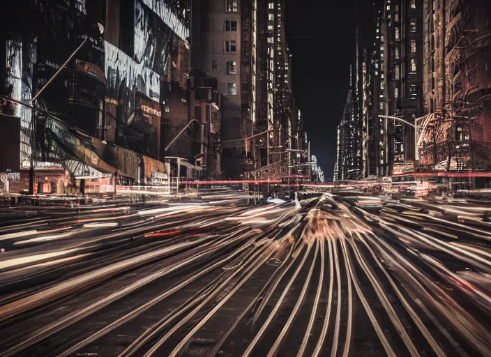 Image similar to busy nyc street , dense traffic metro train on bridge over street, cinematic lighting, professional photo