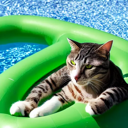 Prompt: Photo of a cat relaxing on a green inflatable tube in a pool