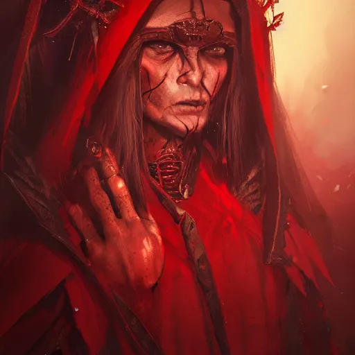 Prompt: a beautiful portrait of an ancient elderly necromancer queen, embers, skeletal, red-fabric, red-eyes!, by Greg Rutkowski and Raymond Swanland, Trending on Artstation, ultra realistic digital art