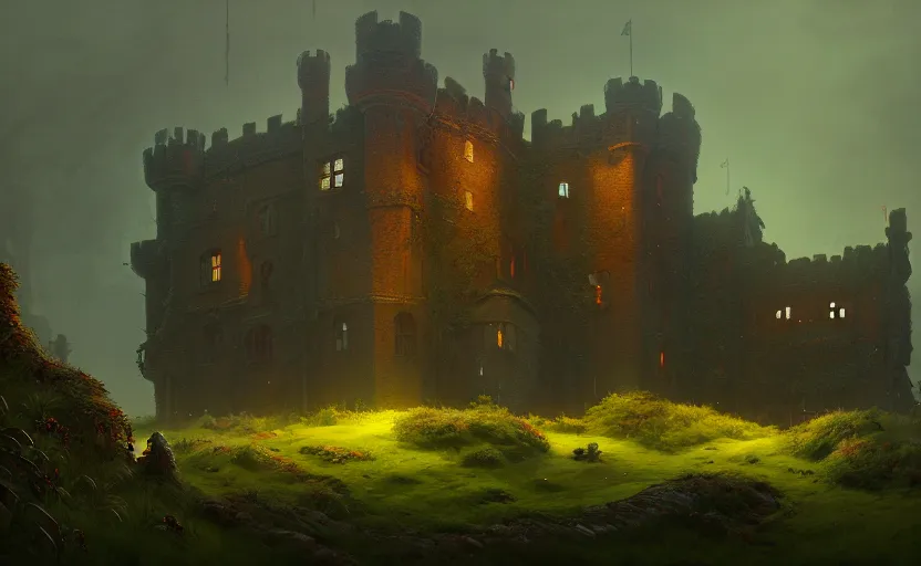 Image similar to an old english castle covered by plants with moody and cinematic lighting by greg ruthkowski and simon stalenhag jama jurabaev and illya repin, cinematic and atmospheric, concept art, artstation, trending on artstation