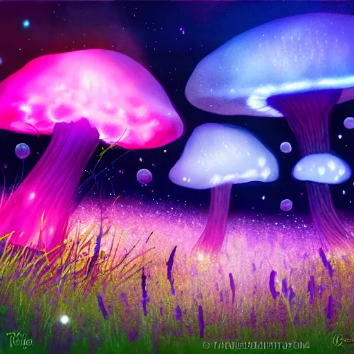 Prompt: field of luminescent pink and blue mycena fungi, emitting spore clouds, midnight, moonlight, fantasy art, mysterious, magical, hyperrealistic, detailed, soft lighting, fireflies