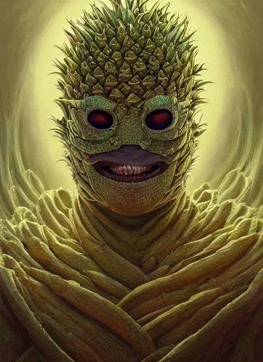 Image similar to pineapple mf doom reptile eyes, luminescent pineapple skin. intricate, elegant, highly detailed, centered, digital painting, artstation, concept art, smooth, sharp focus, illustration, artgerm, tomasz alen kopera, peter mohrbacher, donato giancola, joseph christian leyendecker, wlop, frank frazetta