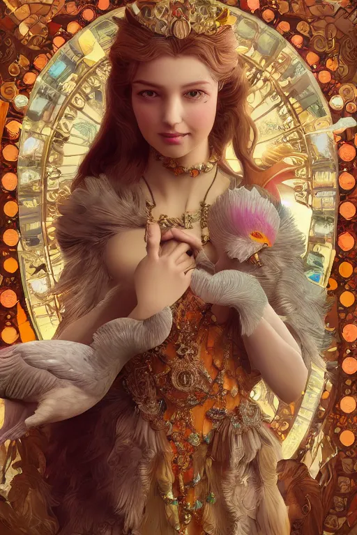Image similar to zoom in 3 d render of english princess holding birds, fire, diamonds, ornaments, mucha vibe, dieselpunk, solarpunk, artstation, andrei riabovitchev