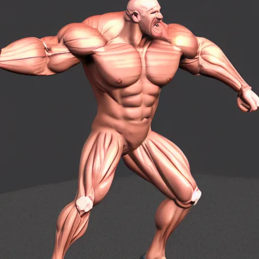 Image similar to extremely muscular bald man, small legs, exaggerated arms, 3 d model, gladiator, small head.