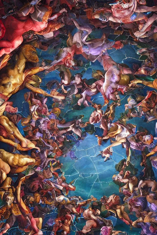 Prompt: hyperrealistic abstract close - up renaissance psychedelic!! the sistine chapel passed through a shredder, instead of figures of people, cybernetic spiders!!! octane render, hd