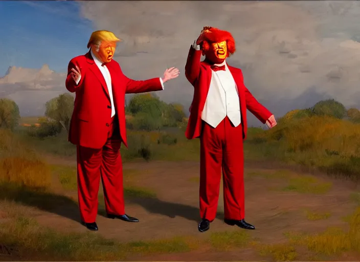 Image similar to donald trump dressed as ronald mcdonald, matte painting, by isaac levitan and asher brown durand,