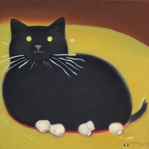 Image similar to an oil painting of a cute fat black cat sleeping in the style of takashi murakami