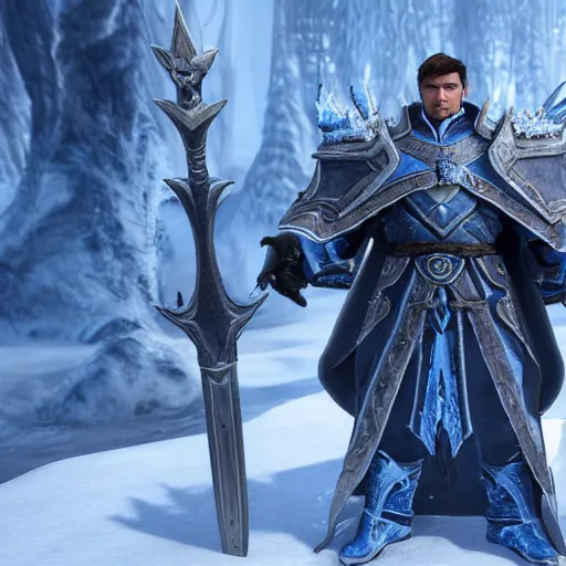 Image similar to 4 k unreal engine render of garen wearing frozen lich king's armor with frostmourne ultra details full body digital art